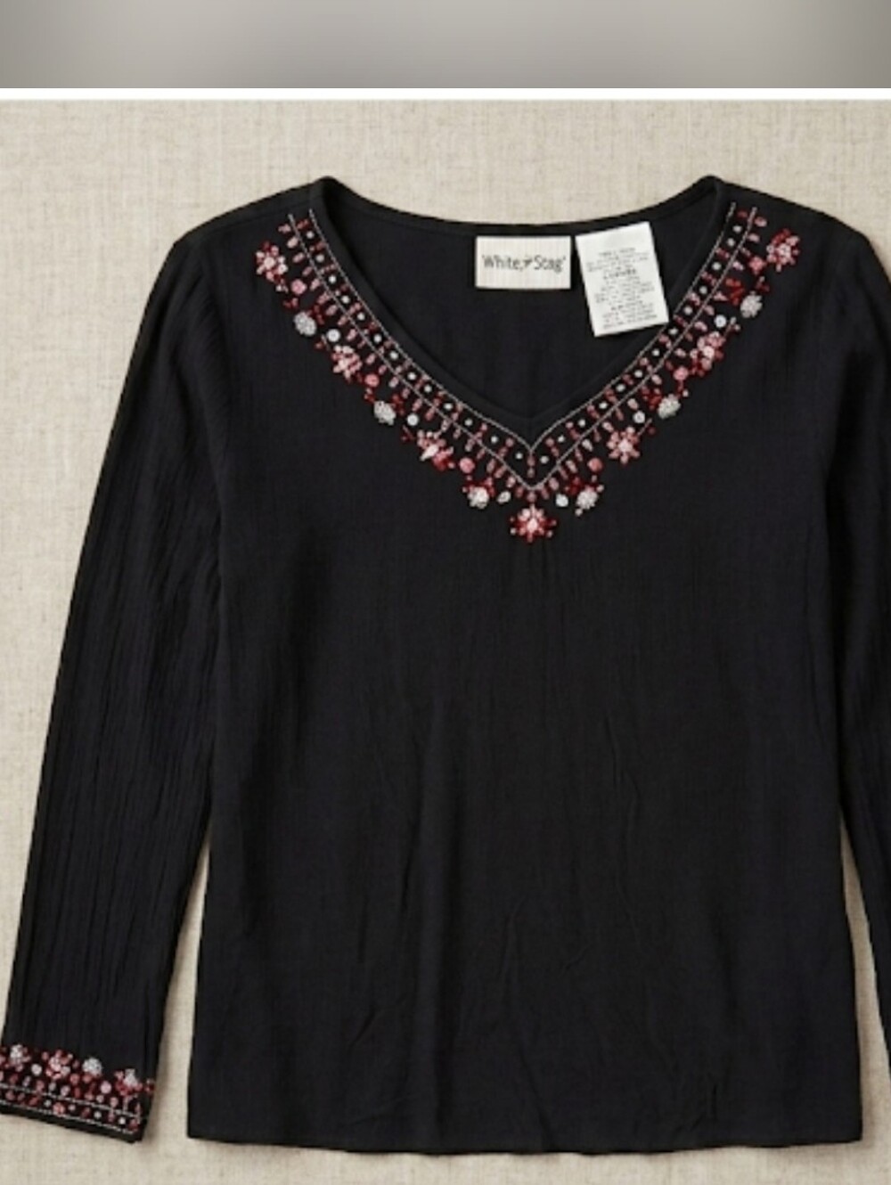 Womens black sz Large Gauze red white pink bead trim stretch top Blouse vtg WS